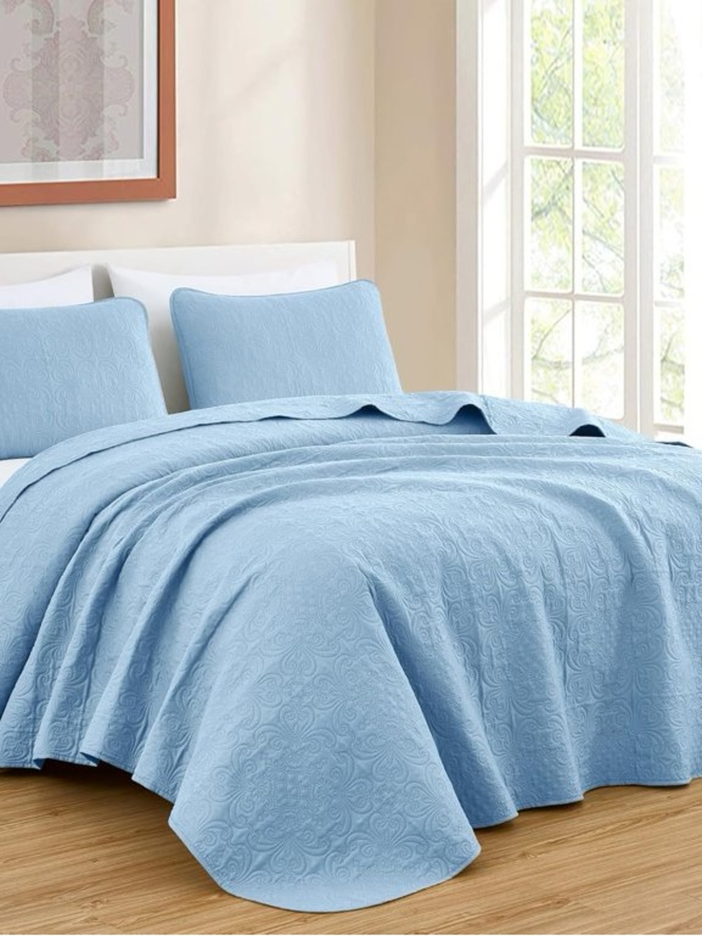 Light Blue Quilted Queen 3 piece Bedspread Set